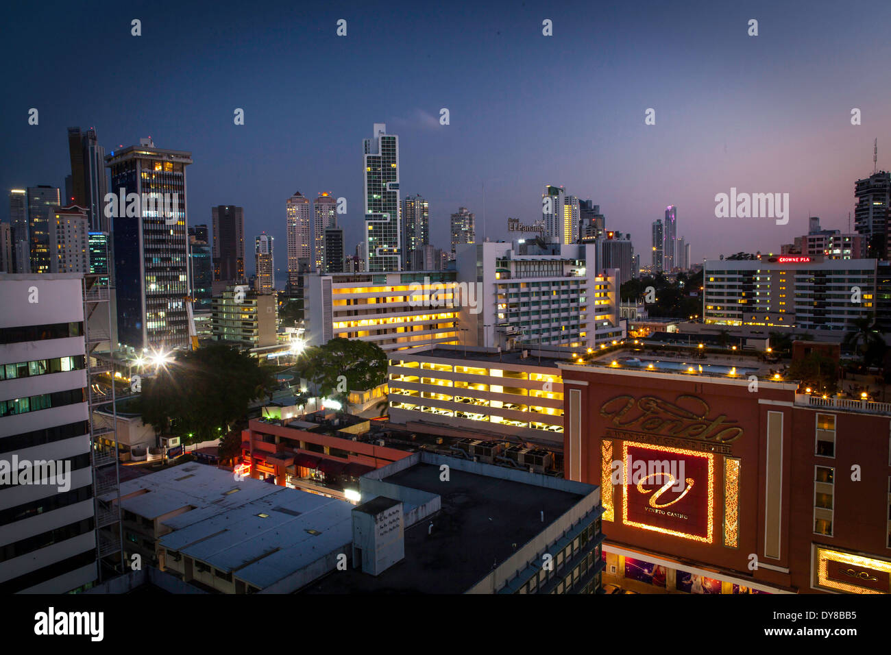 Evening skyline of Panama City taken from the roof of Hotel Victoria & Suites Stock Photo