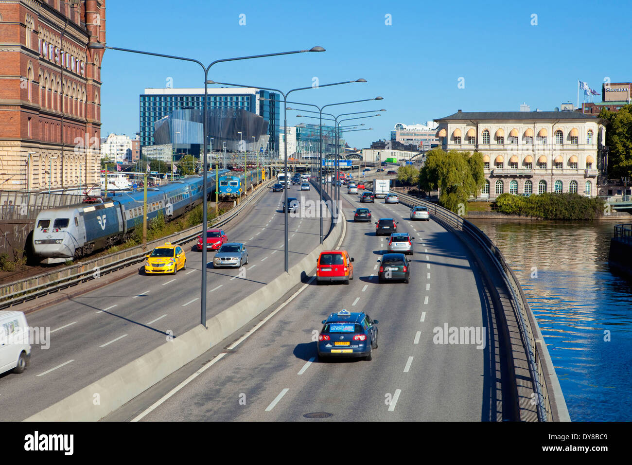 busy car centralbron city day Europe highway outdoor outdoors outside railway summer town traffic train transport travel t Stock Photo