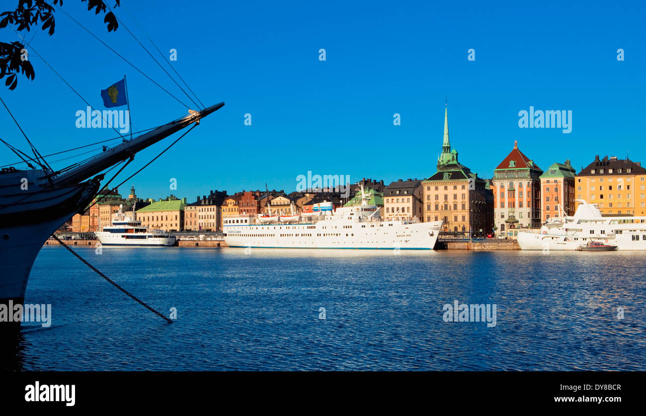 architecture Baltic blue boat building buildings capital cities city cityscape church day Europe exterior gamla harbour ho Stock Photo