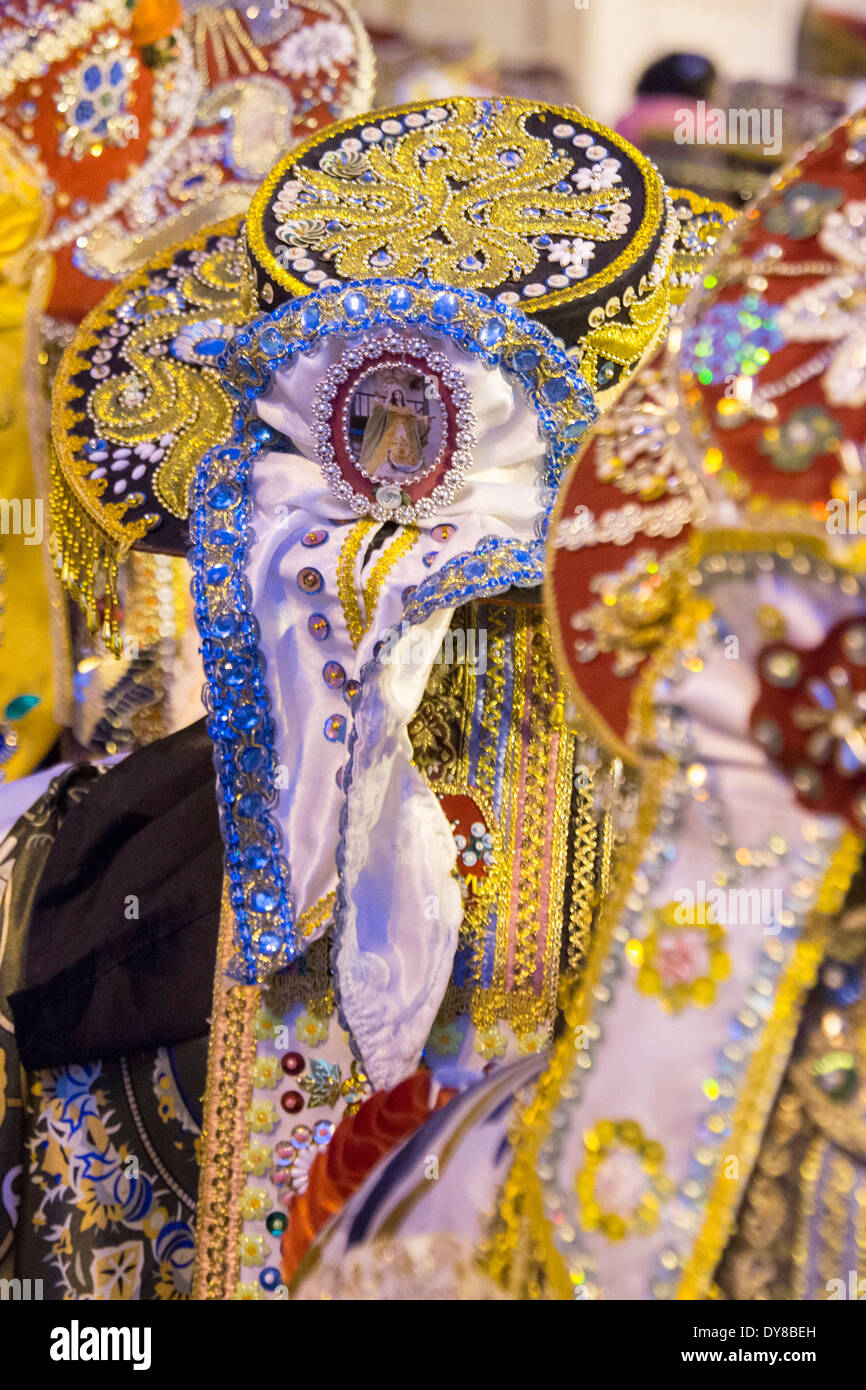 South America, Peru, Calca, details of dancers' costumes at a performance at Assumption of the Virgin festival in August Stock Photo