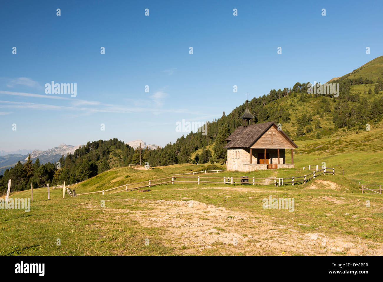 Mountain, Entlebuch, canton Lucerne, church, cross, summer, meadow, fence, alpine, Switzerland, Europe, Stock Photo