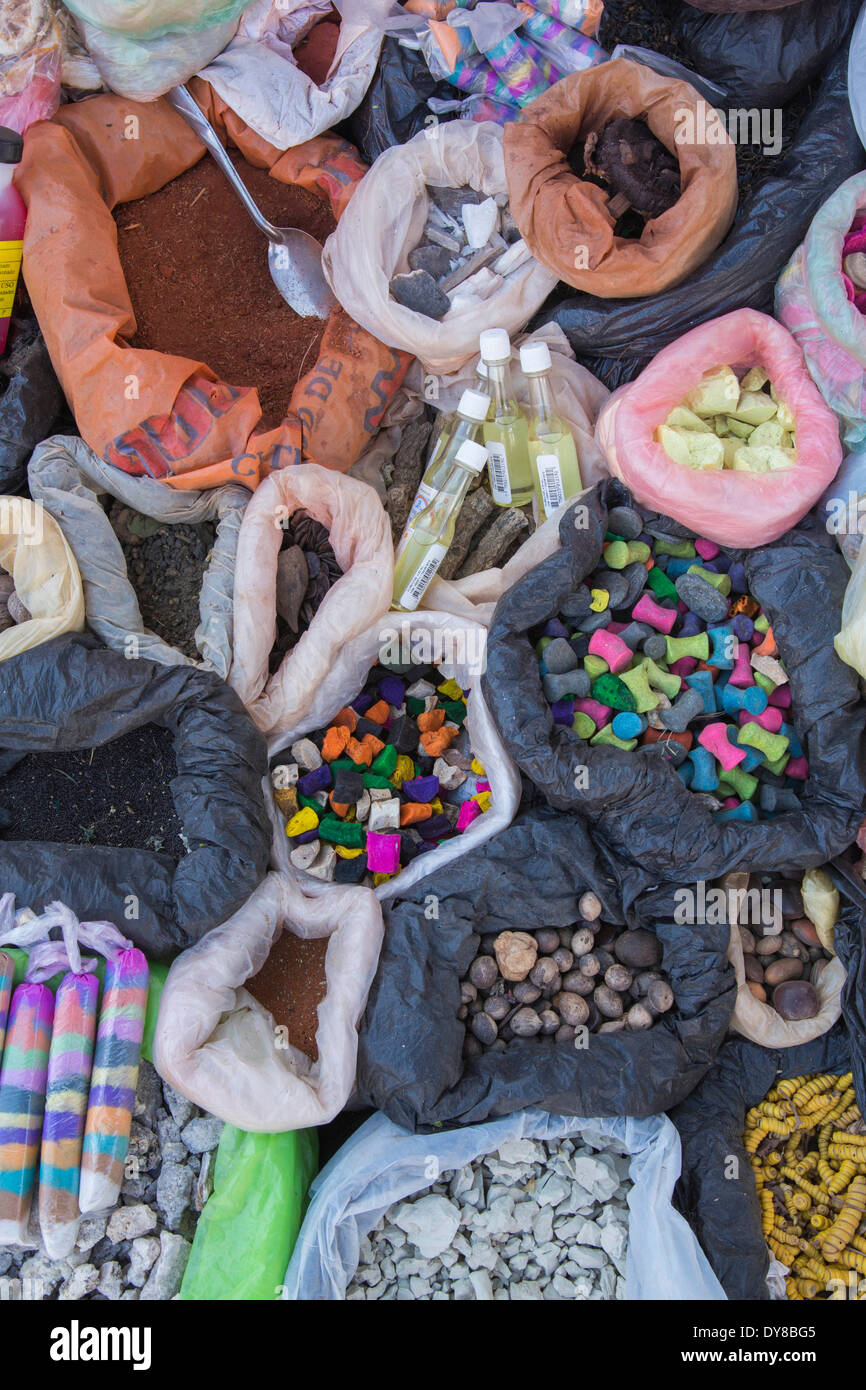 South America, Peru, Calca, colorful items for sale at outdoor Incan market during Assumption of the Virgin festival in August Stock Photo