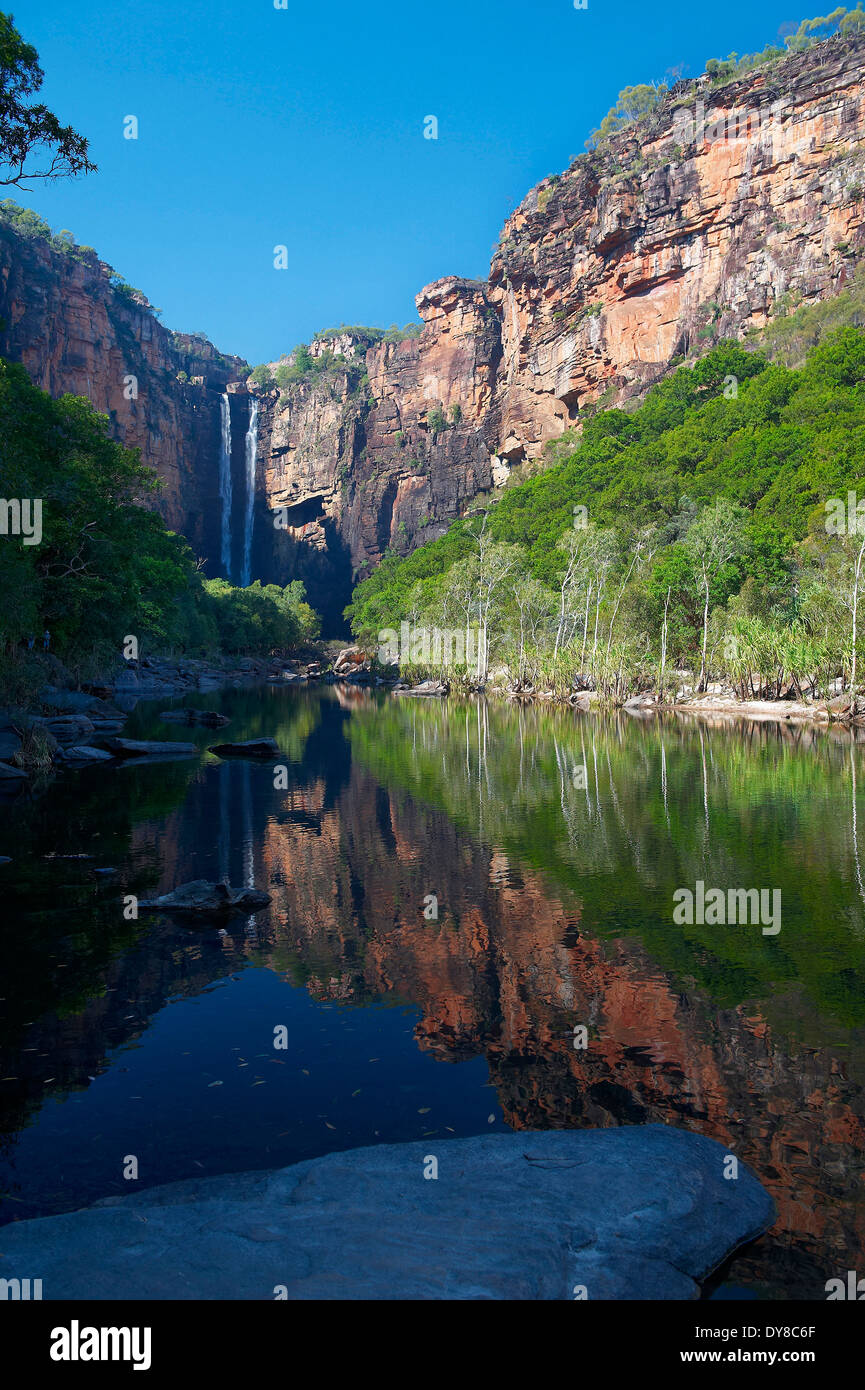 Australia, Jim Jim Falls, cockatoo, national park, Northern Territory, waterfall, river, flow, Stock Photo