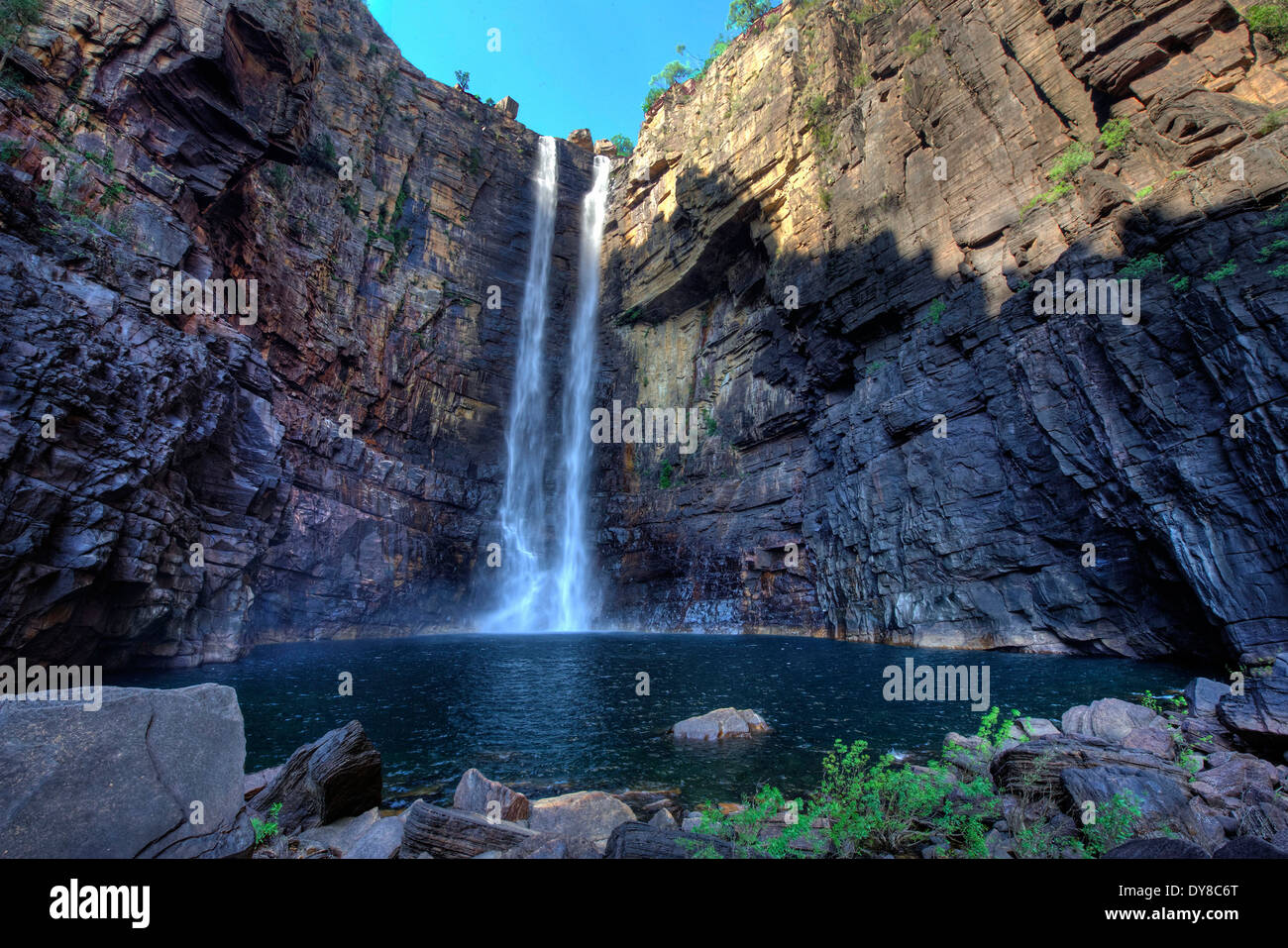 Australia, Jim Jim Falls, cockatoo, national park, Northern Territory, waterfall, river, flow, Stock Photo