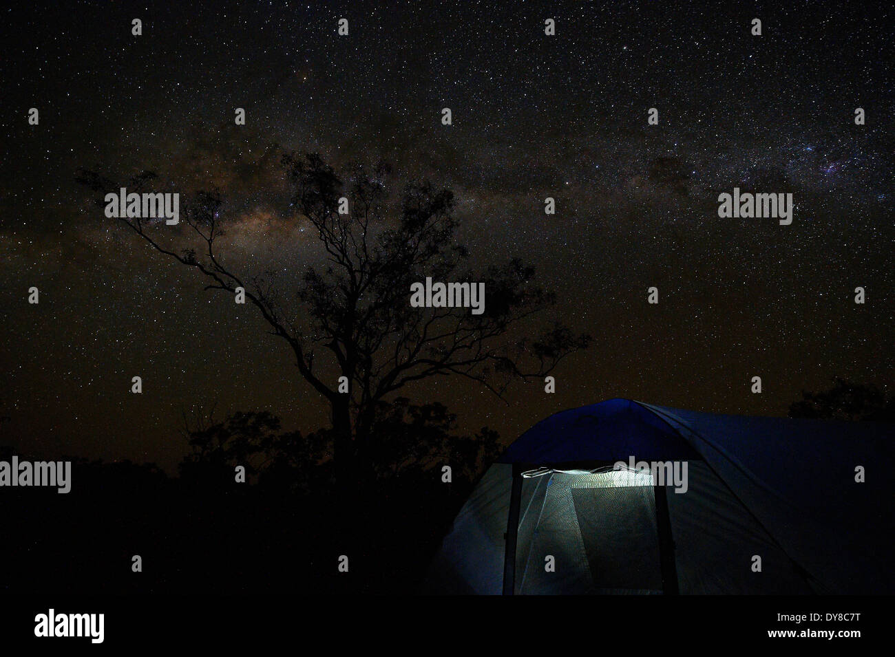 Australia, night, Queensland, Savannah Way, Burketown, tent, Camong, sky, stars, Stock Photo