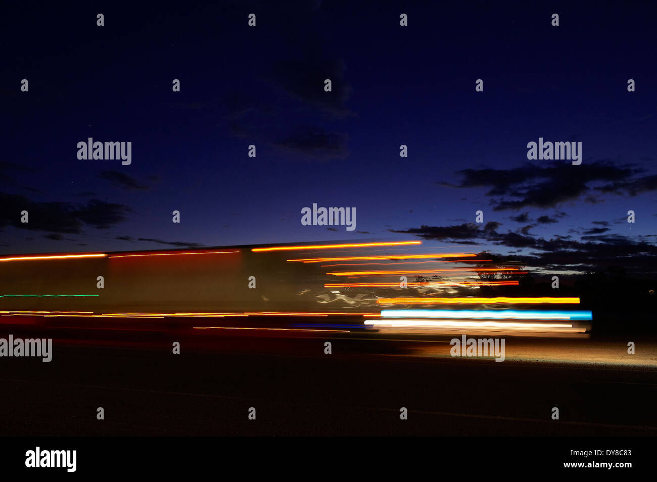 Australia, Burke and Wills, Queensland Road Train, at night, Truck, truck, lights, blurs Stock Photo
