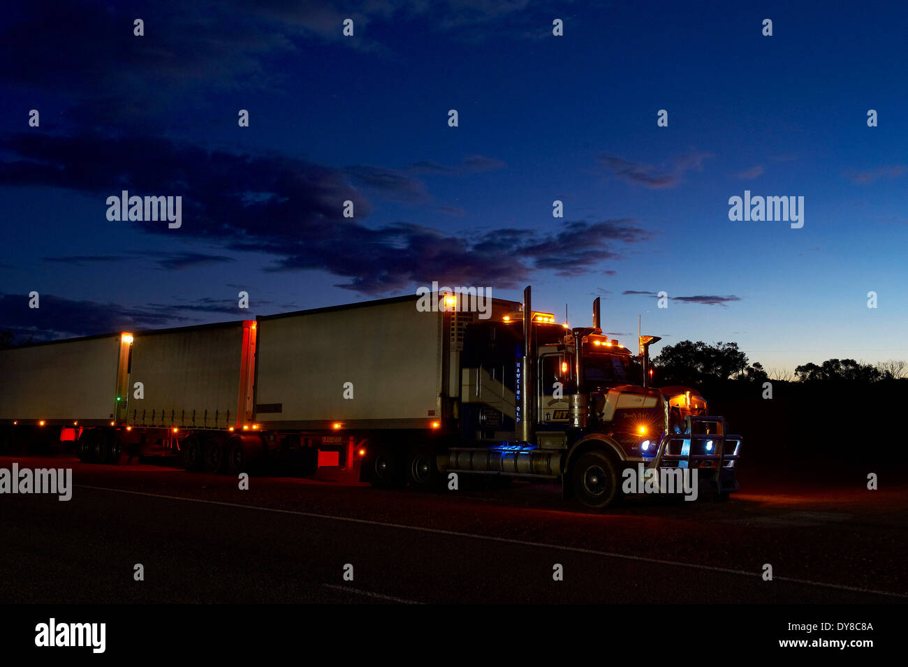 Australia, Burke and Wills, Queensland Road Train, at night, Trucks, truck Stock Photo