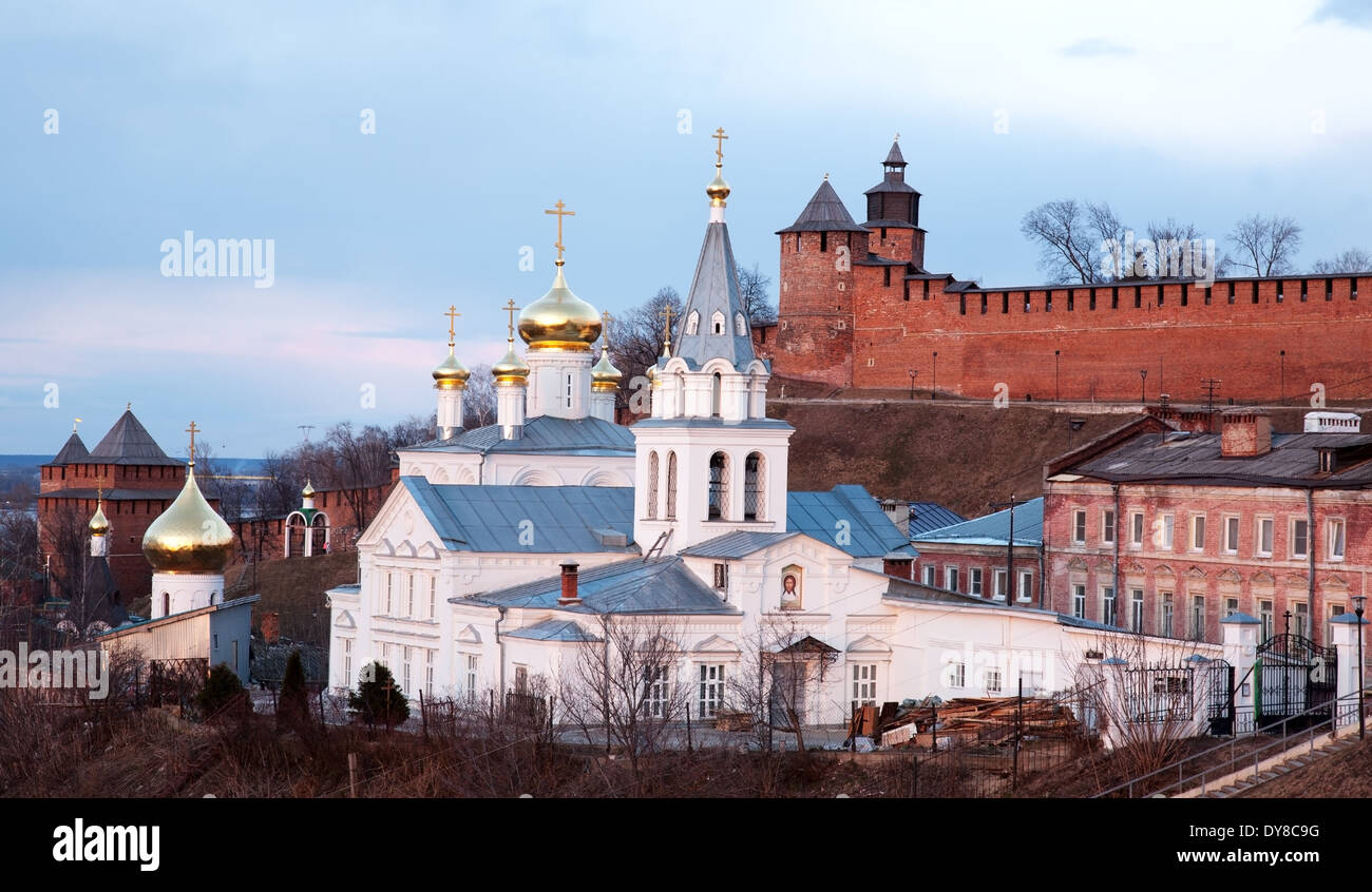 Panoramic spring april view church and Kremlin Nizhny Novgorod Russia Stock Photo