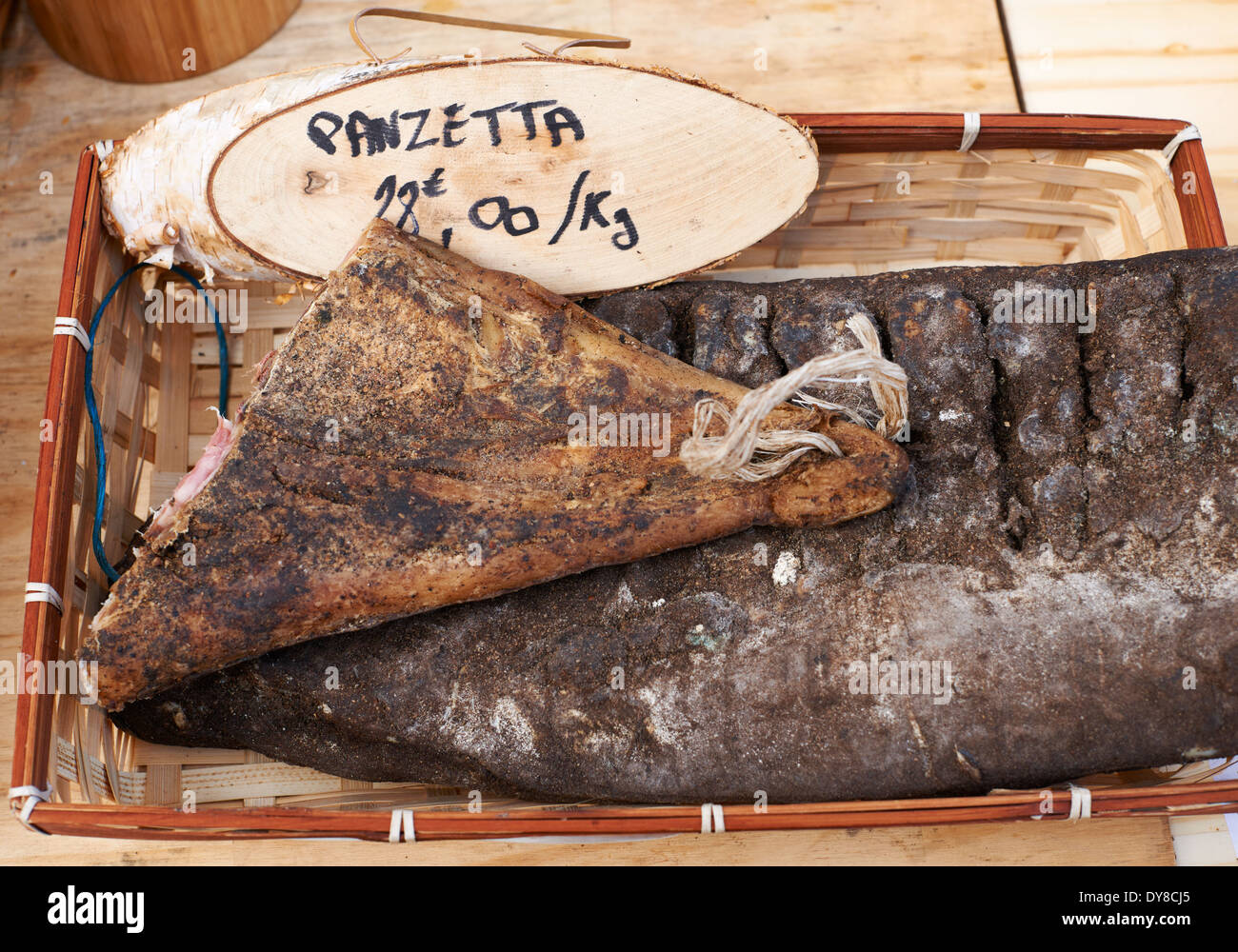 Gourmet sausage hand-made Panzetta meat on market of Aix en Provence, France Stock Photo