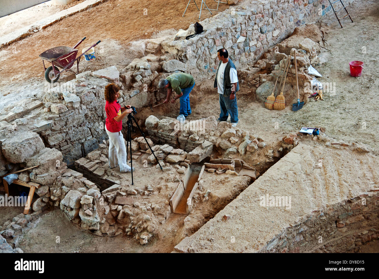Archaeologists working on Ancient Greek archaeological remains under the Acropolis Museum, Athens, Greece Stock Photo
