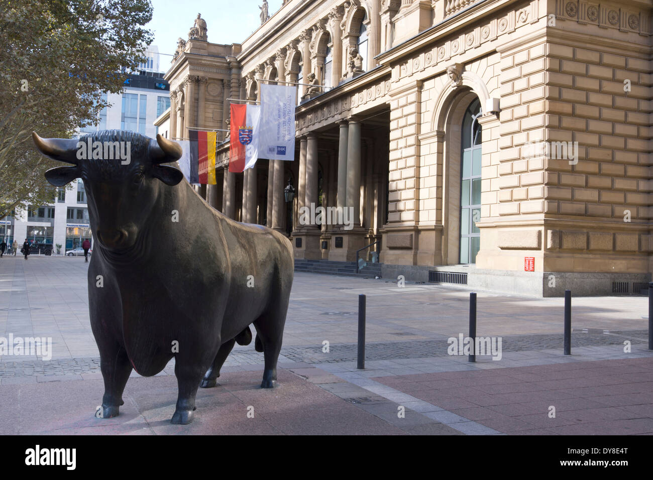 bull sculpture in front of the historical building of the frankfurt ...