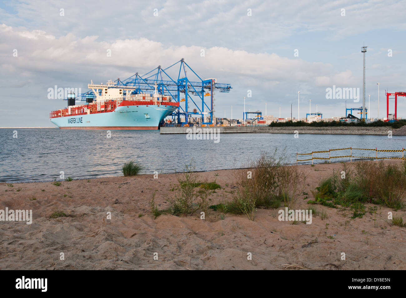 GDANSK, POLAND. 21st August , 2013. World largest container ship Maersk Mc-Kinney Møller Triple E class vessel arrives to Gdansk Stock Photo
