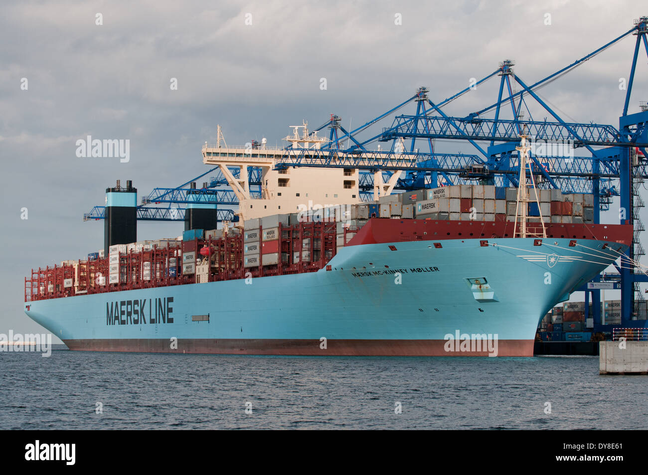 GDANSK, POLAND. 21st August , 2013. World largest container ship Maersk Mc-Kinney Møller Triple E class vessel arrives to Gdansk Stock Photo