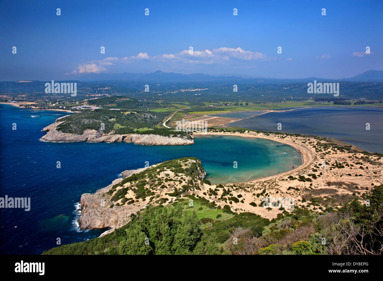 Famous Voidokoilia beach as seen from Palaiokastro ("old castle") of Navarino (Pylos), Messenia, Peloponnese, Greece Stock Photo