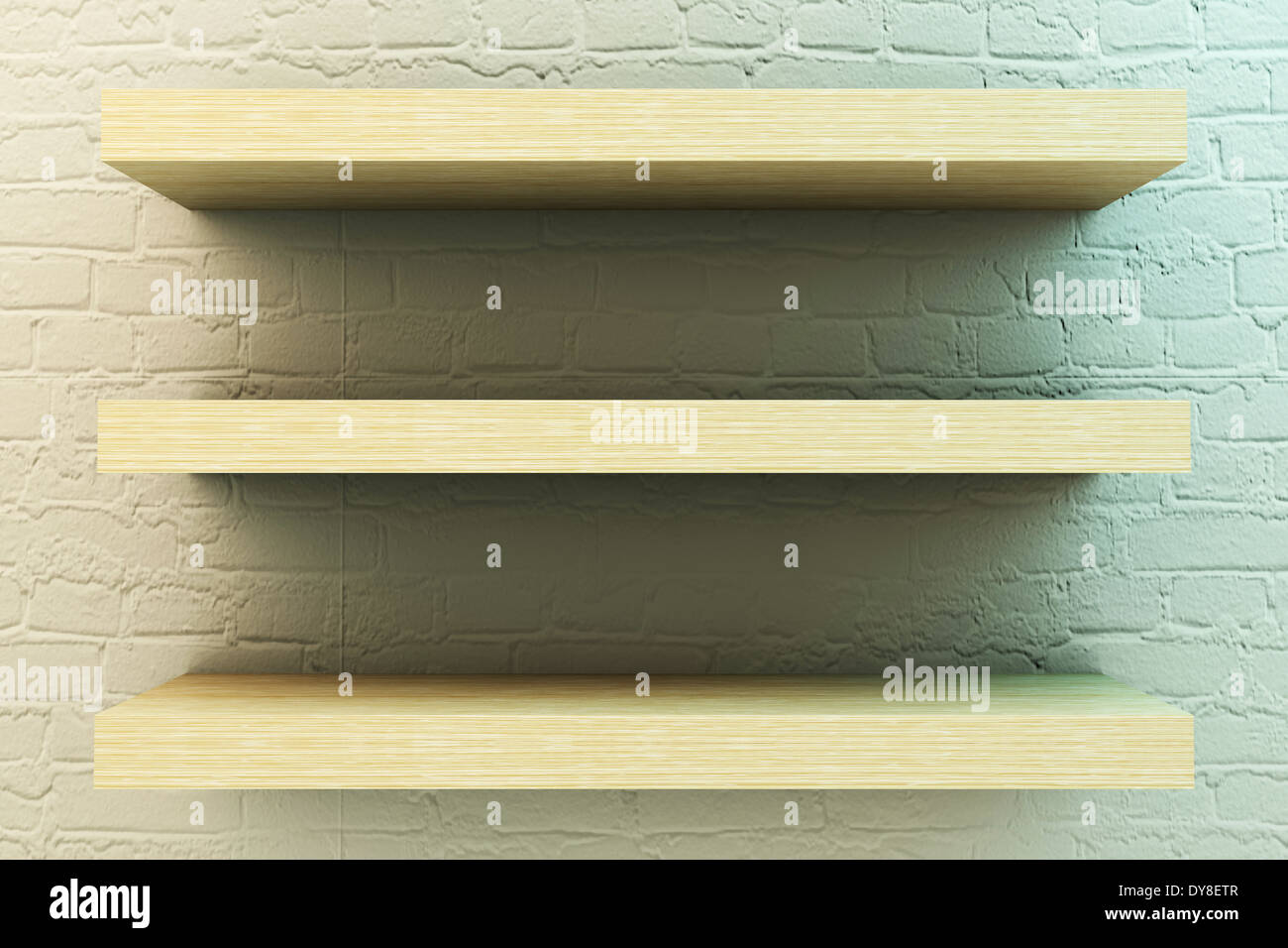 wooden shelf on white brick wall Stock Photo - Alamy