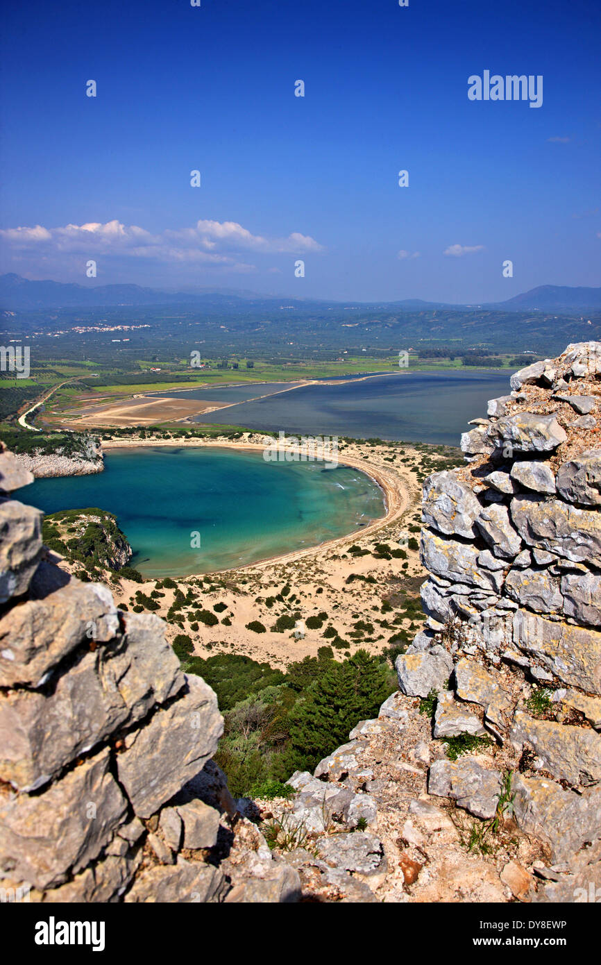 Famous Voidokoilia beach as seen from Palaiokastro ('old castle') of Navarino (Pylos), Messenia, Peloponnese, Greece Stock Photo