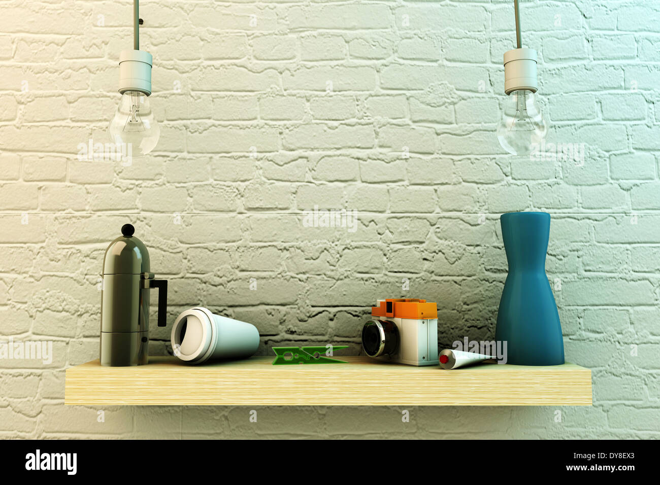 wooden shelf on white brick wall Stock Photo - Alamy