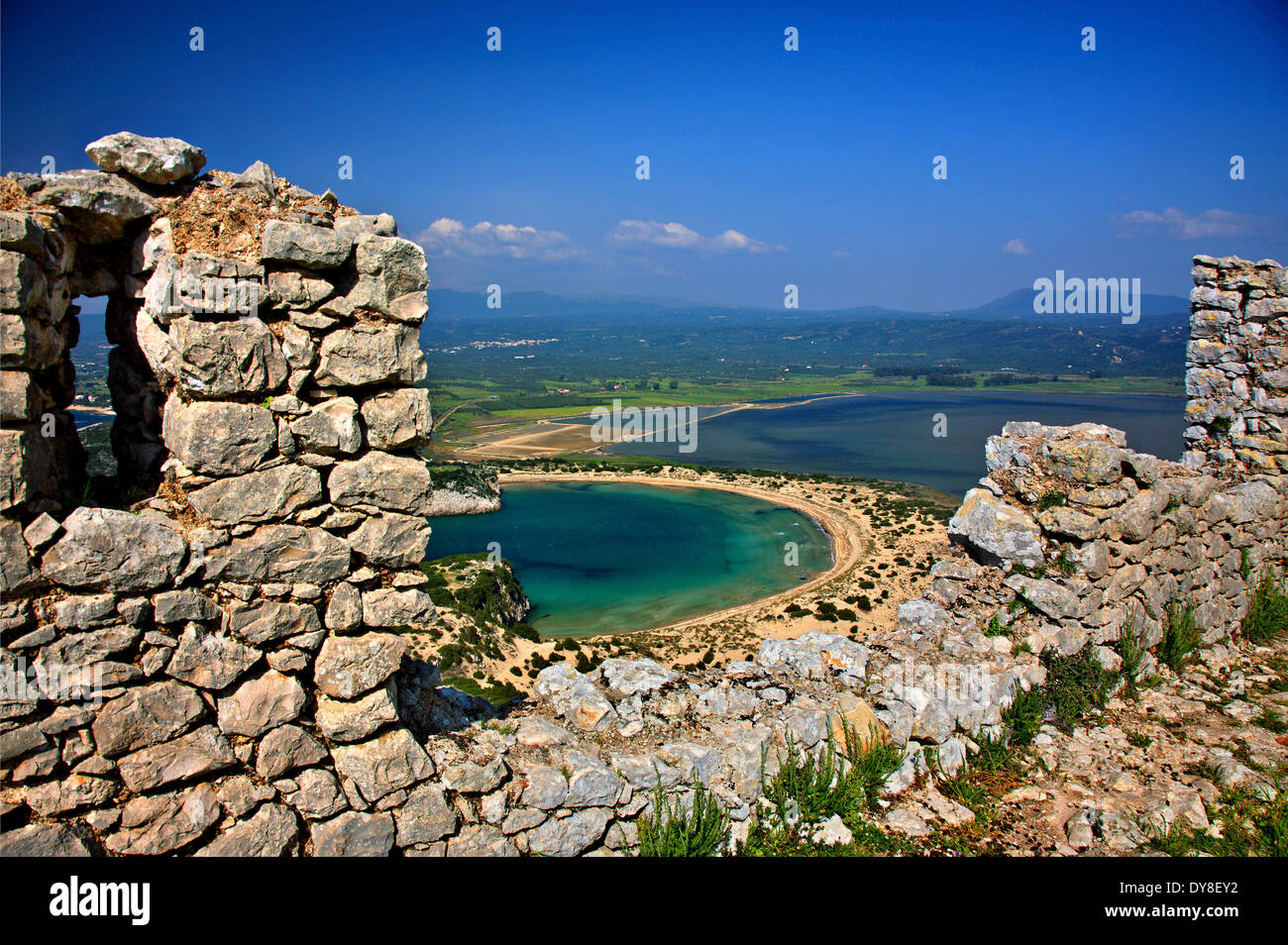 Famous Voidokoilia beach as seen from Palaiokastro ('old castle') of Navarino (Pylos), Messenia, Peloponnese, Greece Stock Photo