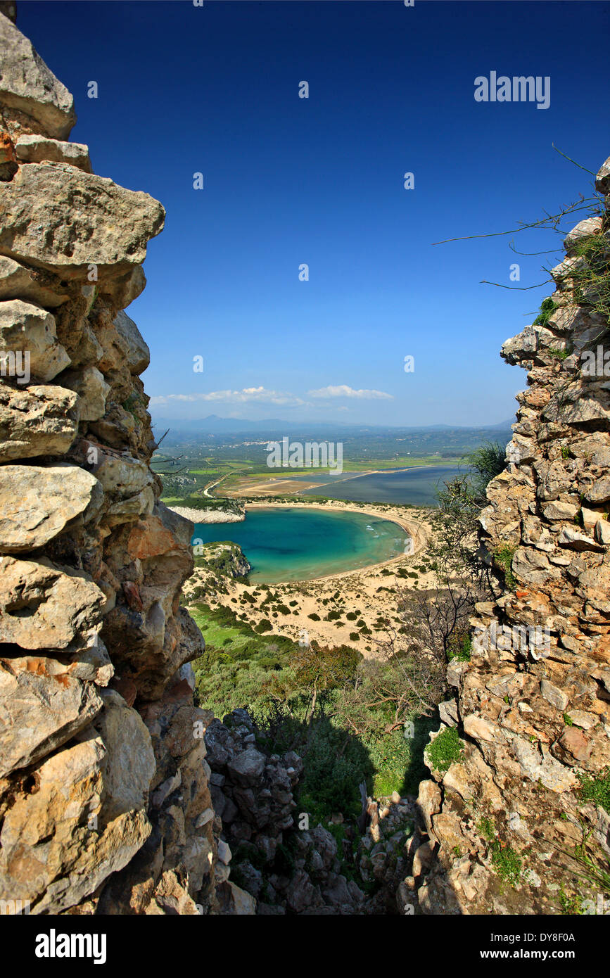 Famous Voidokoilia beach as seen from Palaiokastro ('old castle') of Navarino (Pylos), Messenia, Peloponnese, Greece Stock Photo