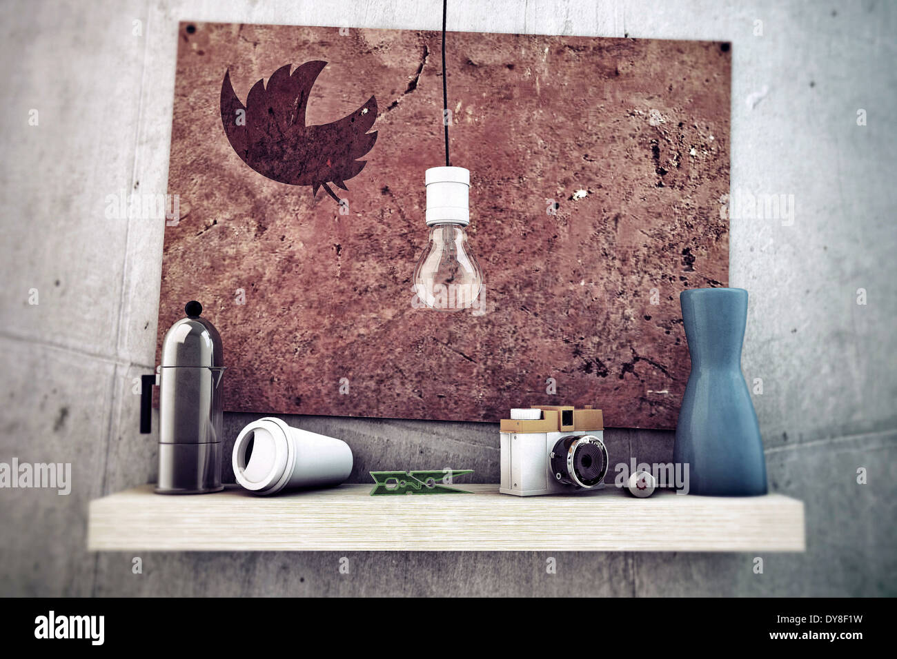 Image showcasing wooden shelf on concrete wall Stock Photo - Alamy