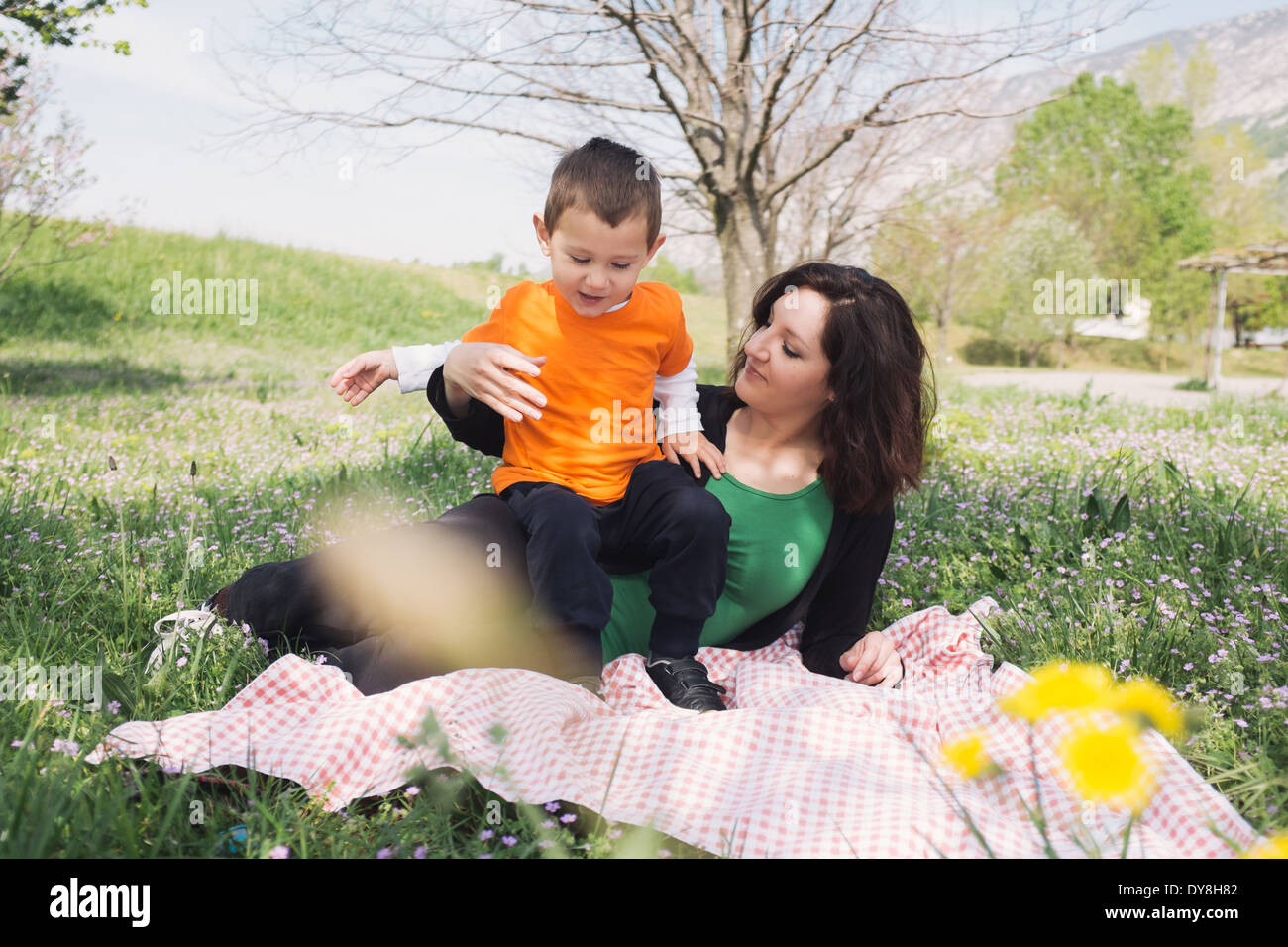 Mother and son on a blanket in nature Stock Photo Alamy
