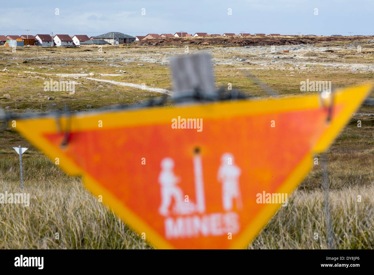 A warning sign about the presence of Argentinian mines on the Falkands, left over from the 1980's Falklands conflict Stock Photo