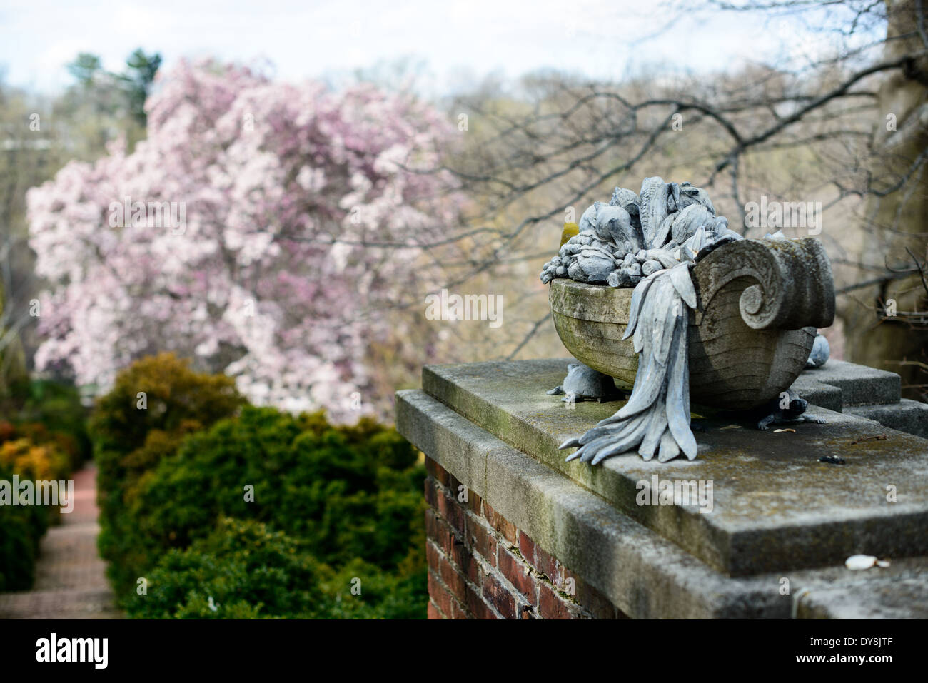 WASHINGTON DC, United States — The Dumbarton Oaks Gardens, a historic estate in the Georgetown neighborhood, showcases beautifully landscaped gardens and historic architecture. Designed by renowned landscape architect Beatrix Farrand, these gardens feature a variety of themed areas, including terraces, orchards, and formal gardens. Dumbarton Oaks is a notable example of early 20th-century American garden design. Stock Photo