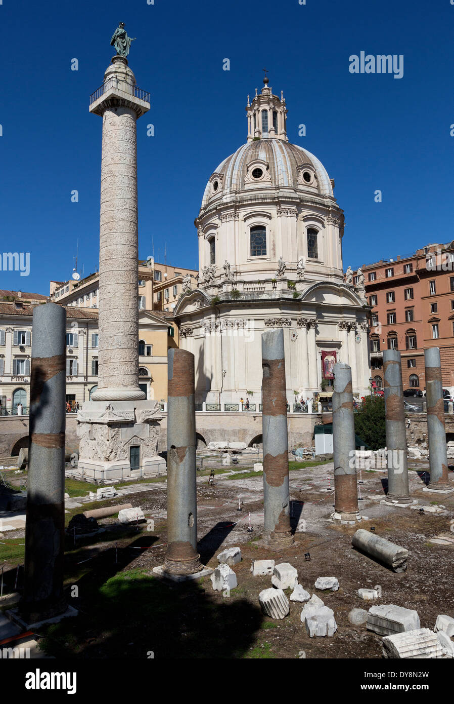 Trajan's columns and Basilica Ulpia in  the ancient city of Rome,Italy Stock Photo