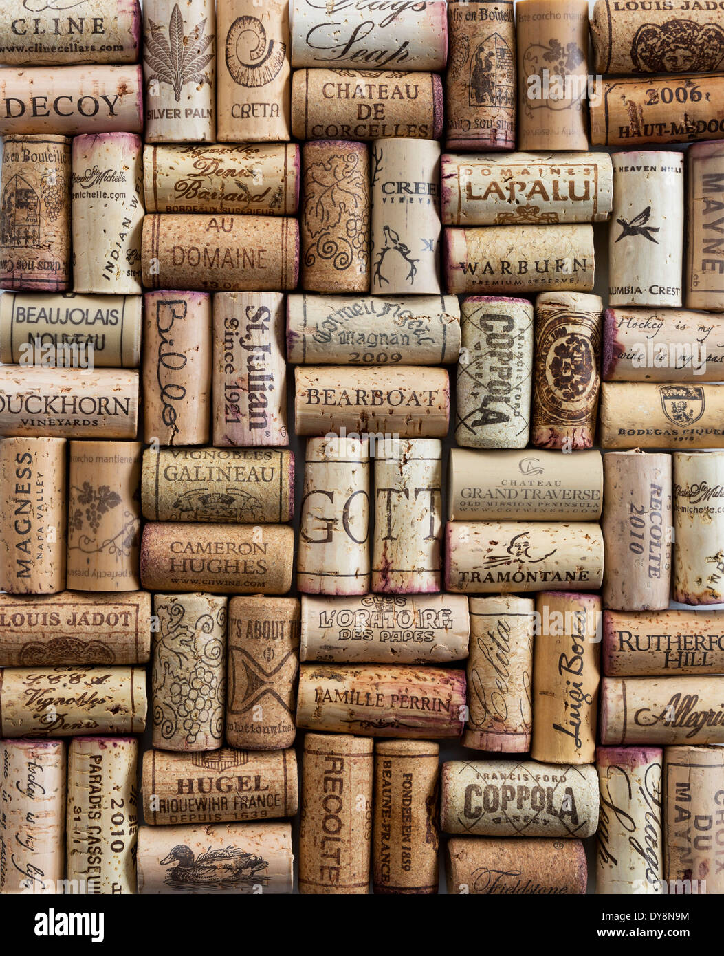 Pattern of wine bottle corks from California and France wineyards Stock Photo