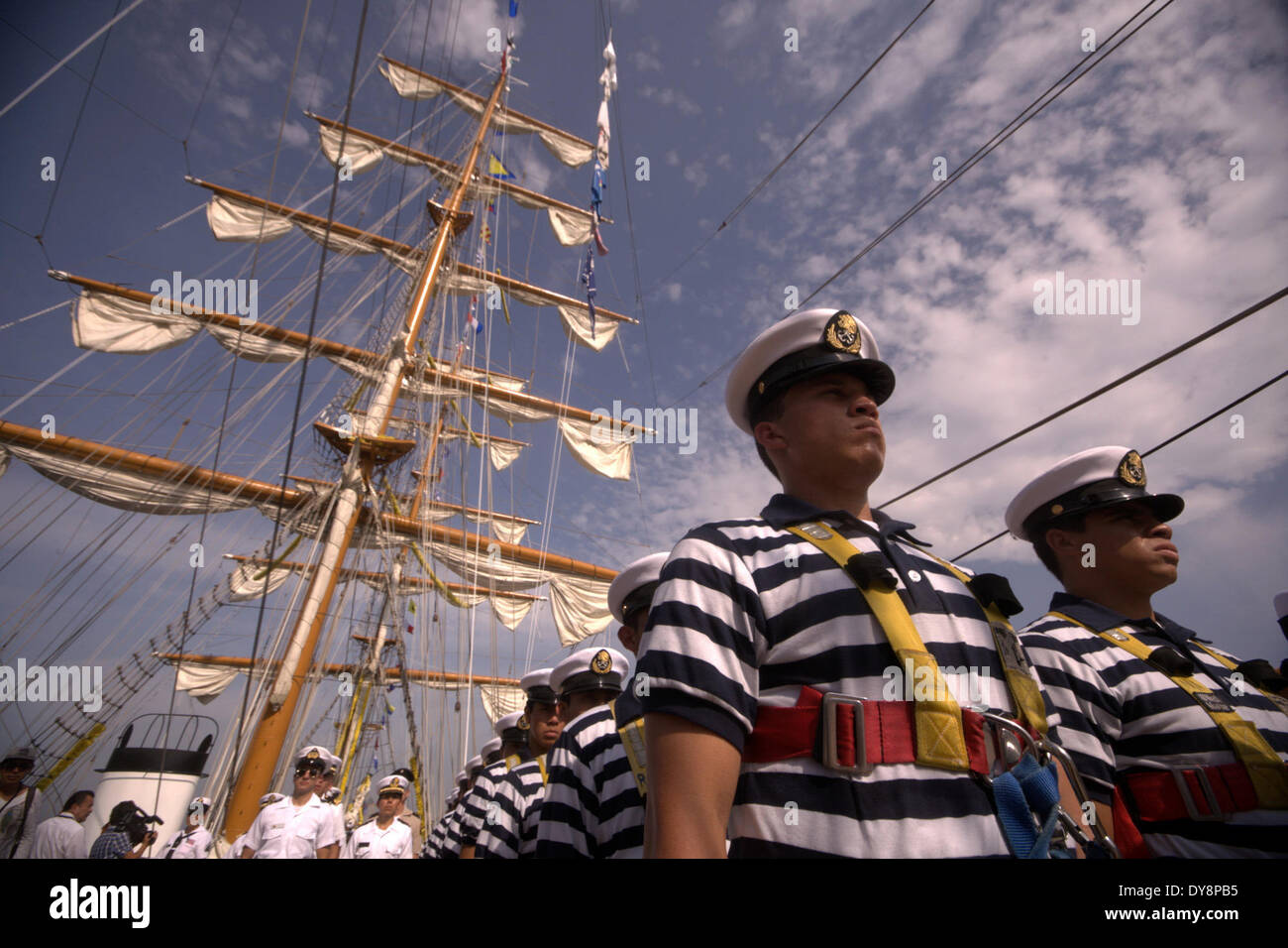 Acapulco, Mexico. 9th Apr, 2014. Crew members participate in a farewell ceremony for the Cuauhtemoc school ship of the Mexican Navy in the Acapulco port, Guerrero state, Mexico, April 9, 2014. The Cuauhtemoc school ship left the Acapulco port and started the project called 'Training Cruise America 2014' as part of the training of young marines. In this 228-day long project, the ship will visit 22 ports in 12 countries. © Abdel Meza/Xinhua/Alamy Live News Stock Photo