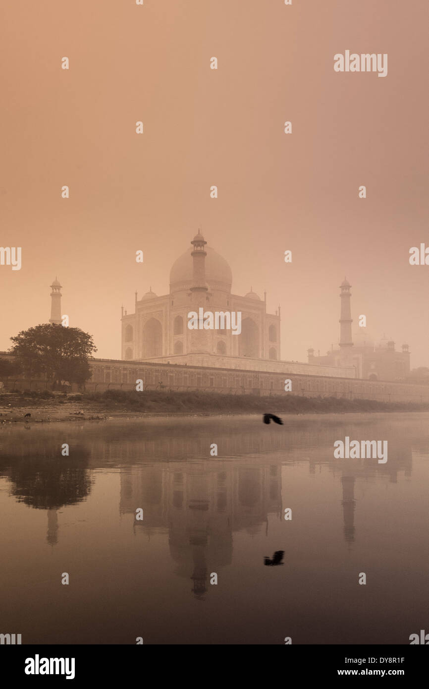India, Uttar Pradesh, Agra, Taj Mahal (UNESCO site), Yamuna River and morning mist Stock Photo