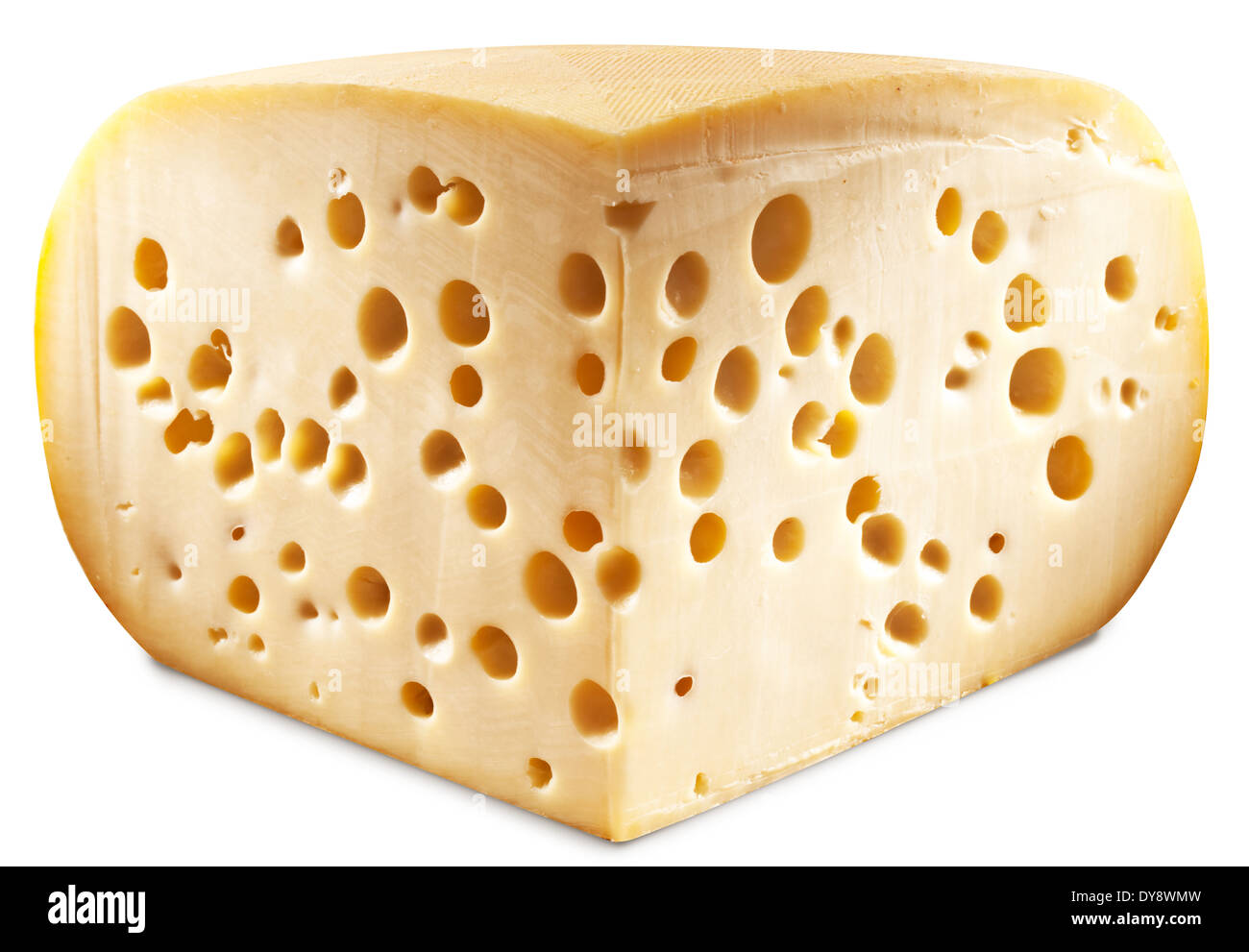 Quarter of Emmental cheese head isolated on a white background. Clipping paths. Stock Photo