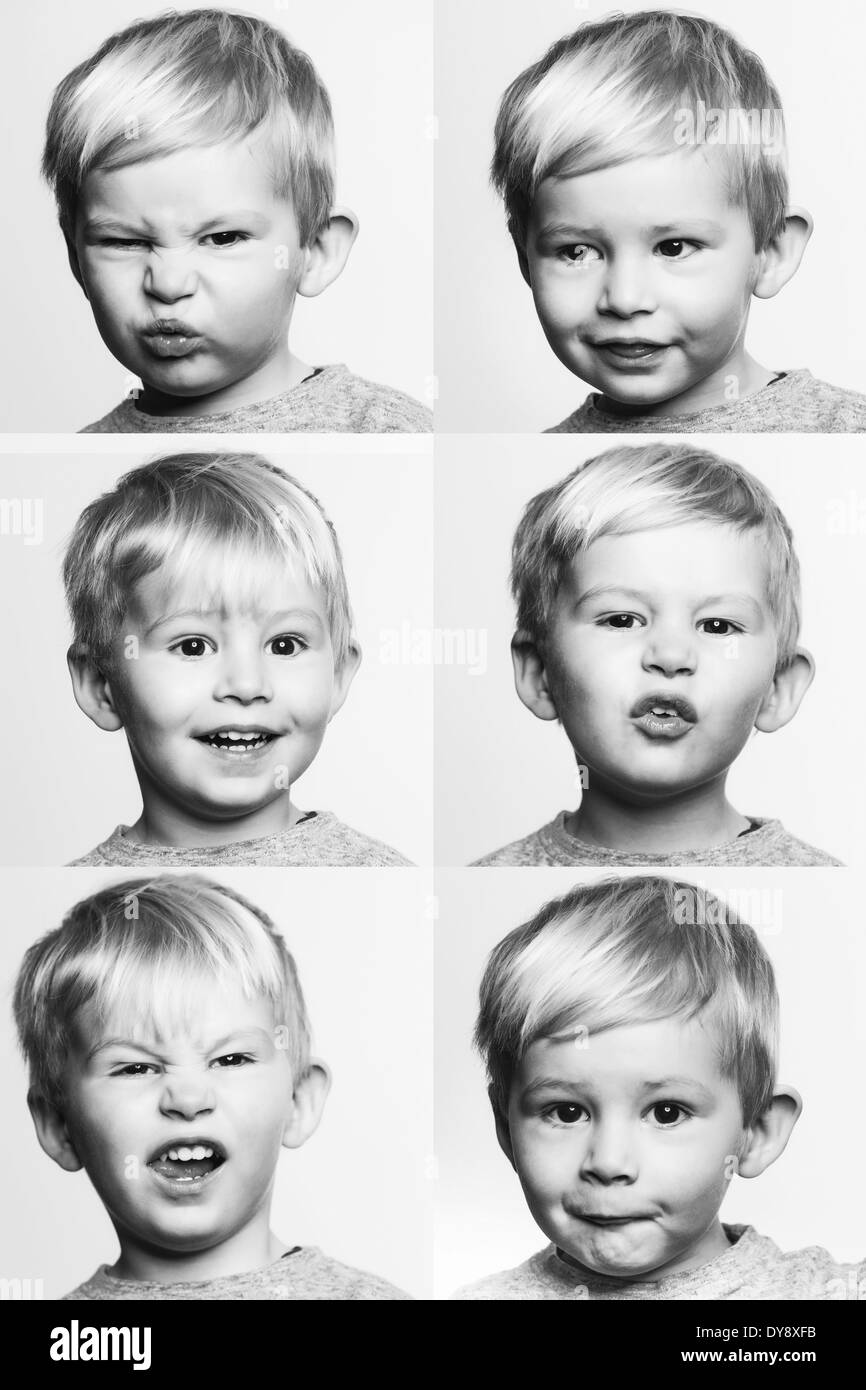 Six black and white portraits of little boy making a face Stock Photo