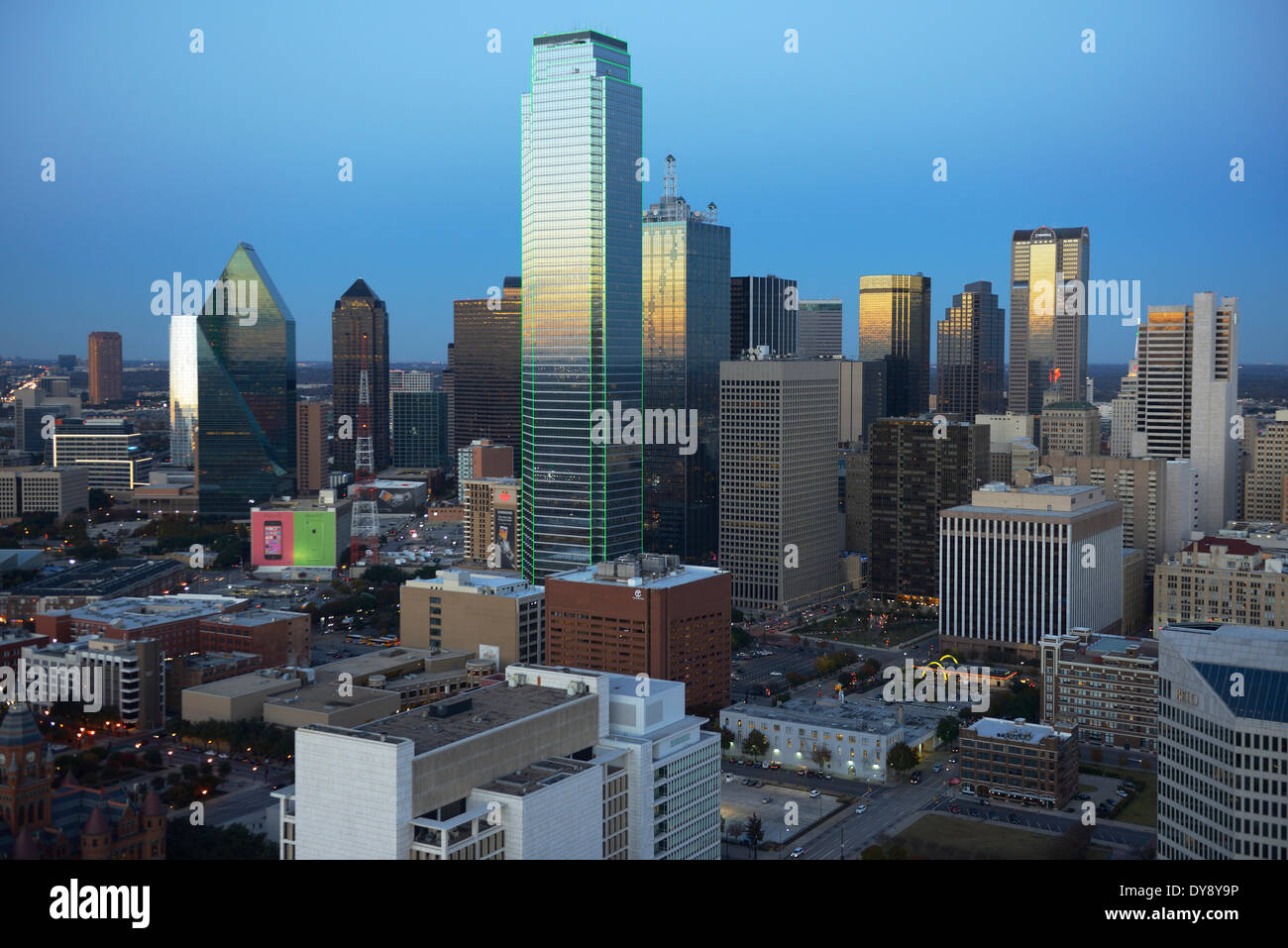 North America, Texas, USA, United States, America, Dallas, city, skyline, dusk, skyscrapers Stock Photo