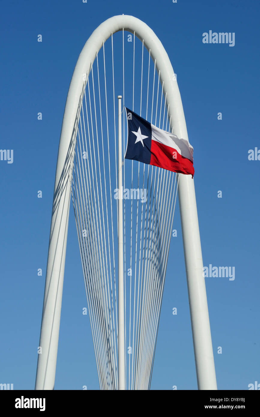 North America, Texas, USA, United States, America, Dallas, Calatrava, Trinity, River, Bridge, modern, architecture, span, flag Stock Photo