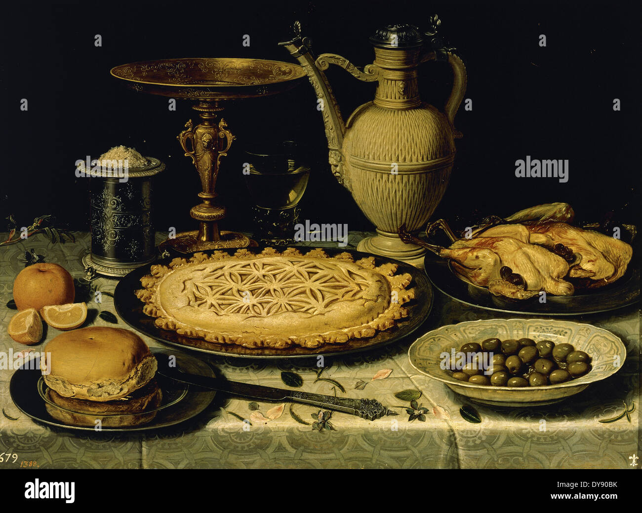 Clara Peeters (1594-1657). Was a still-life painter from the Flemish school. Table with Orange, Olives and Pie. Stock Photo