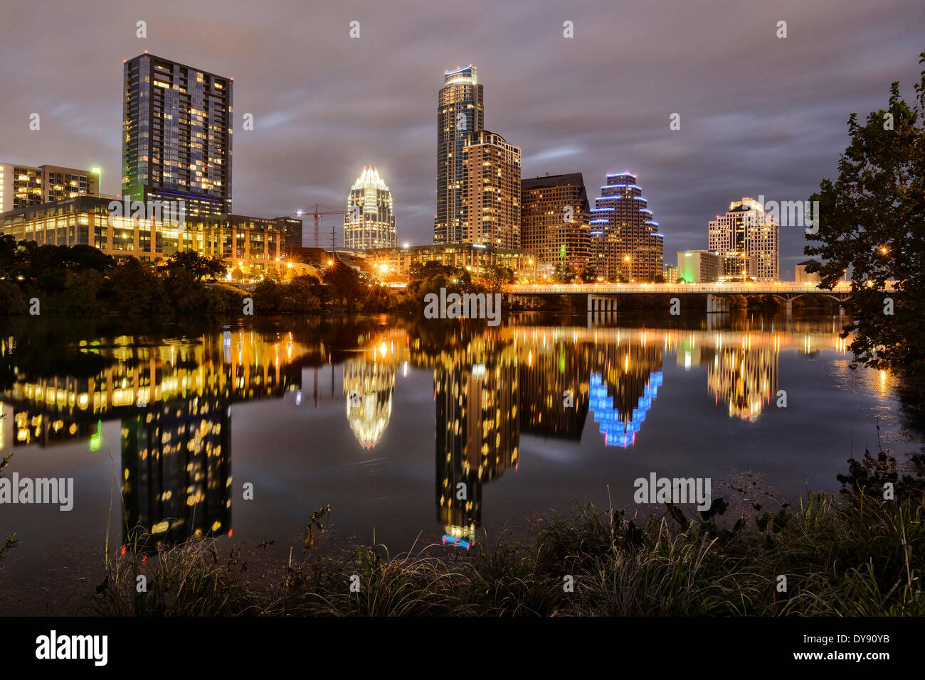 North America Texas USA United States America Austin Skyline river night city reflection lady bird lake Colorado river Stock Photo