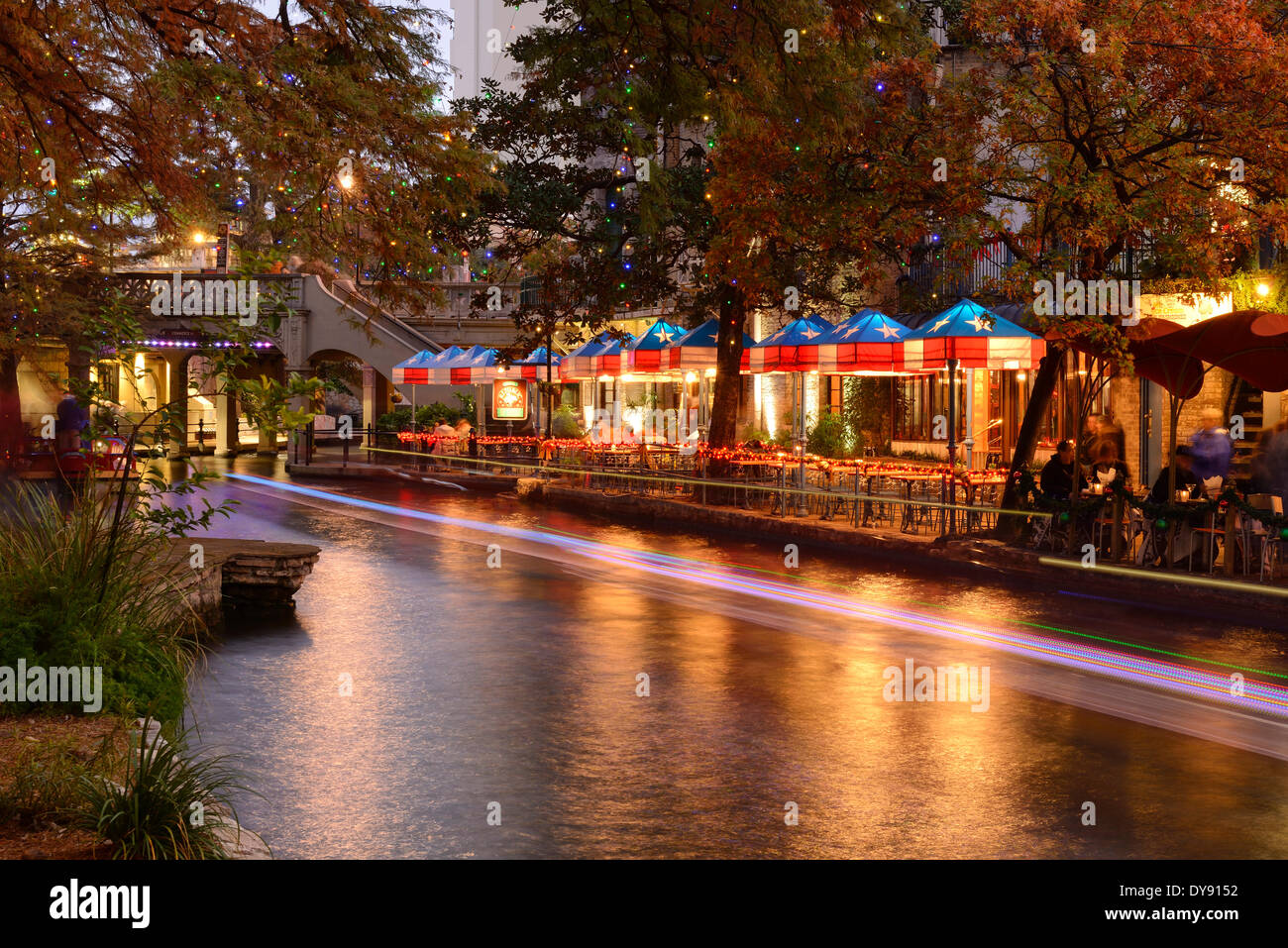 USA, United States, America, Texas, San Antonio, River Walk, dusk, restaurant, river, magic hour, city, evening Stock Photo