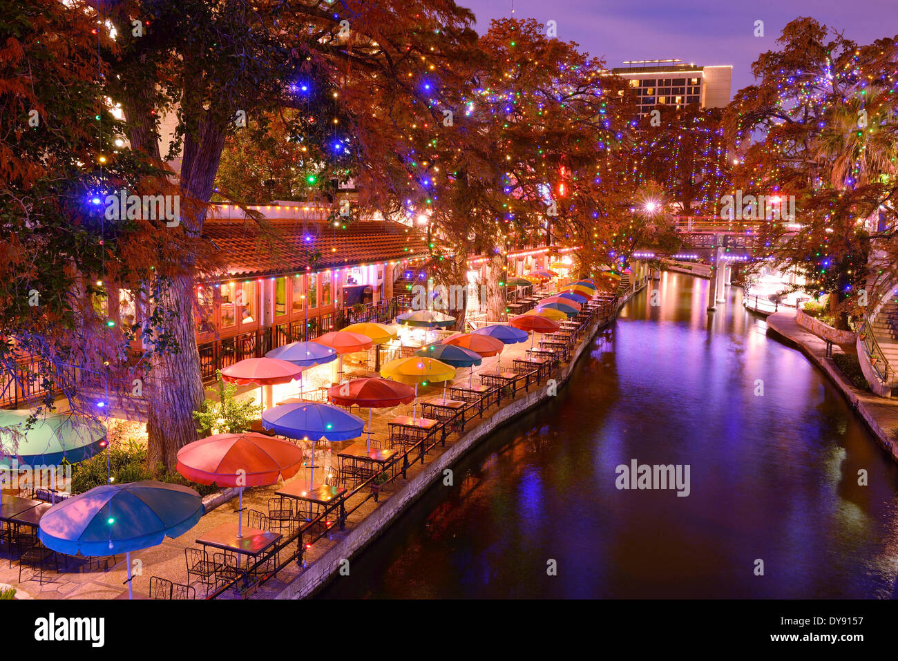 USA, United States, America, Texas, San Antonio, River Walk, dusk, restaurant, river, city, evening Stock Photo