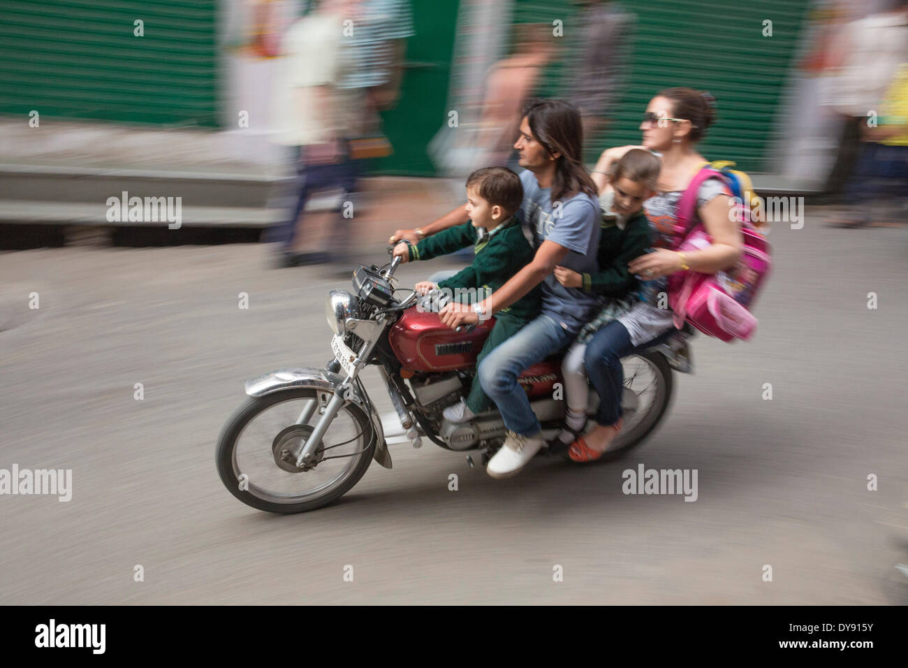 Motorcycle, Motorbike, driving, India, Asia, traffic, transport, family, dangerous, Stock Photo