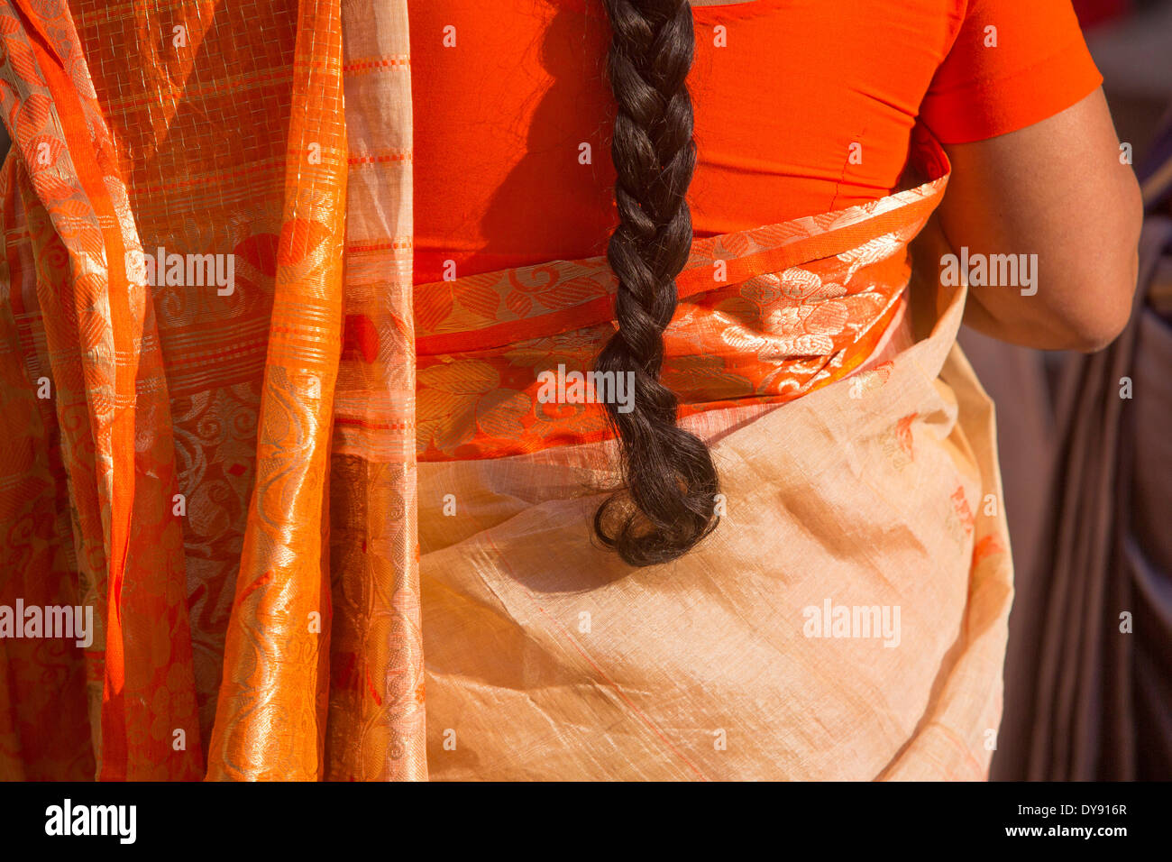 Indian, woman, women, India, sari, hair, detail, red, Asia, Rajasthan, Stock Photo