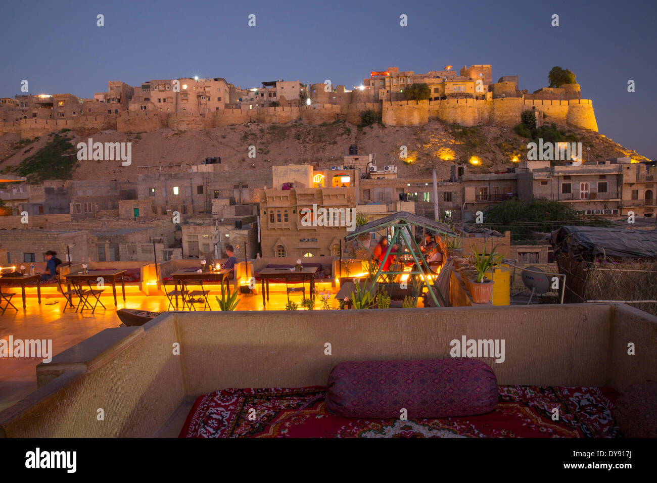 Fort, Jaisalmer, Rajasthan, military wall, bastions, Asia, India, town, city, night, Stock Photo