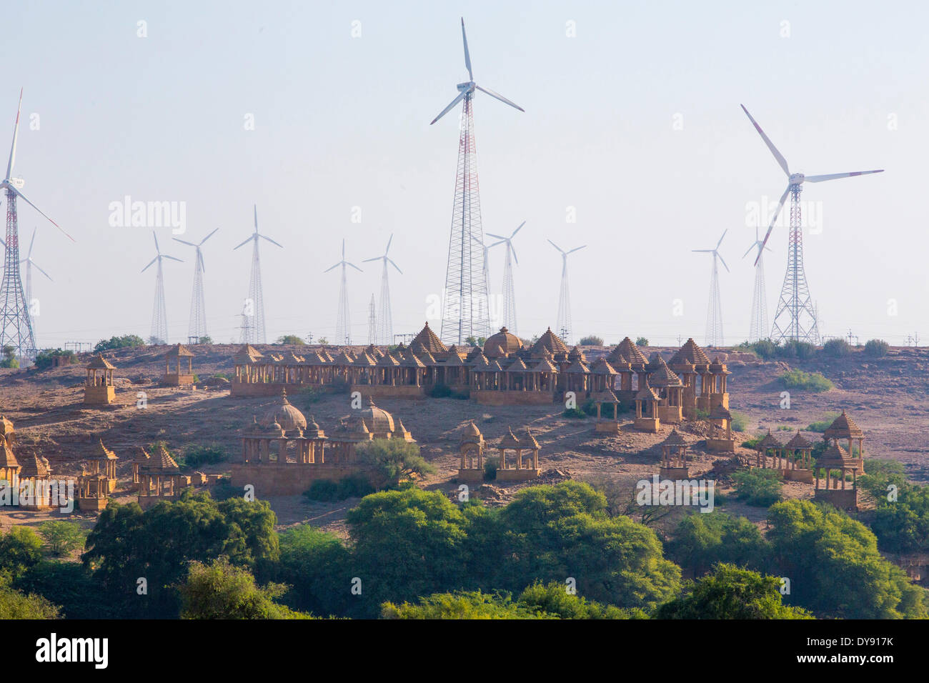 Tomb, Bada Bagh, Jaisalmer, Rajasthan, Asia, India, wind turbines, energy, wind turbines, power, Stock Photo