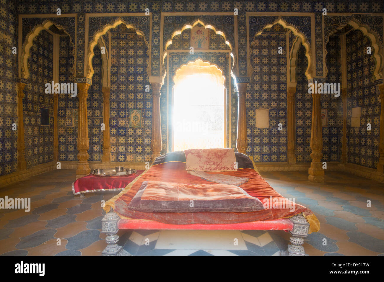 Palace, fort, Jaisalmer, Rajasthan, Asia, India, inside, bed Stock Photo