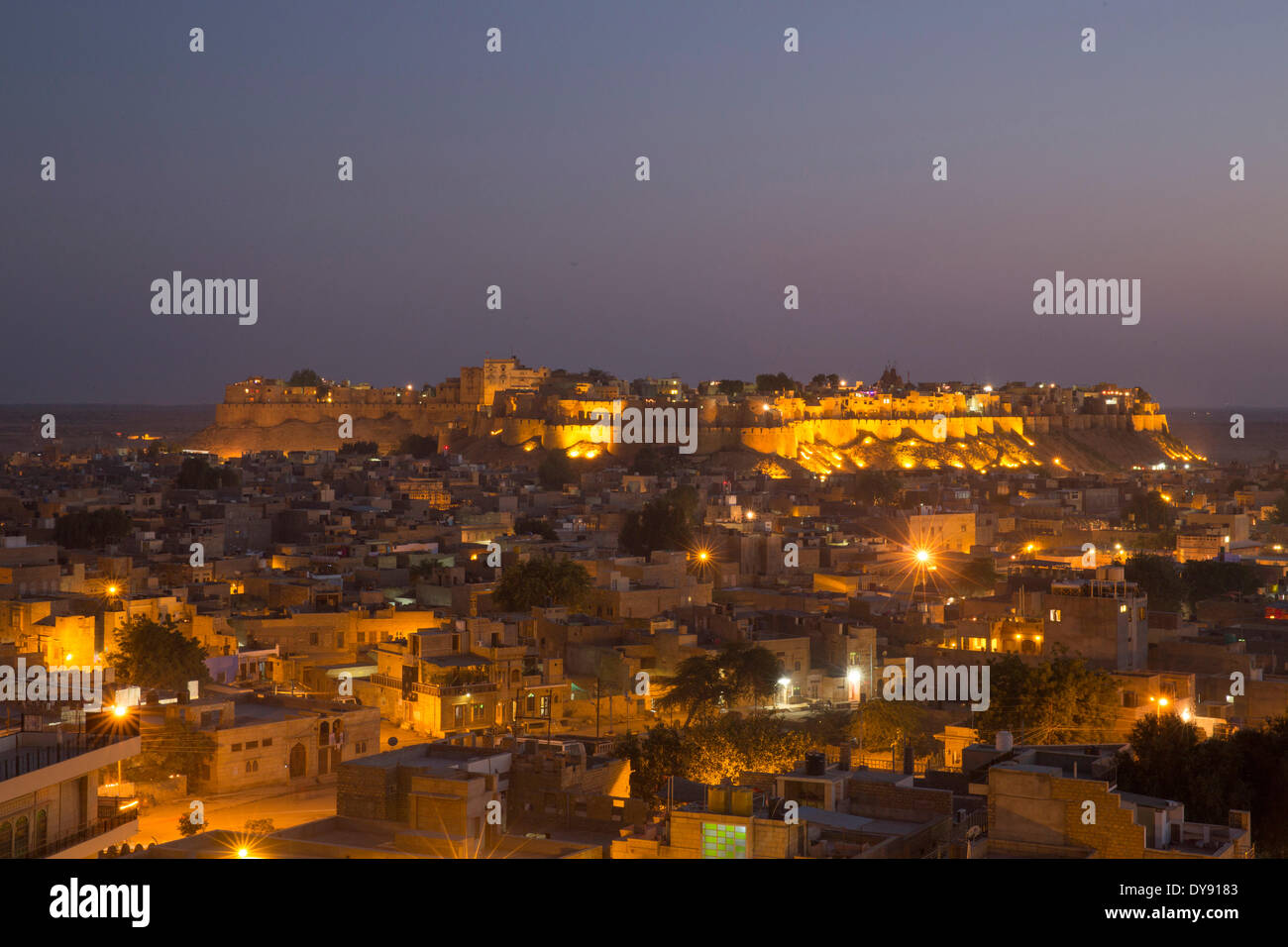 Fort, Jaisalmer, Rajasthan, military wall, bastions, Asia, India, town, city, night, Stock Photo