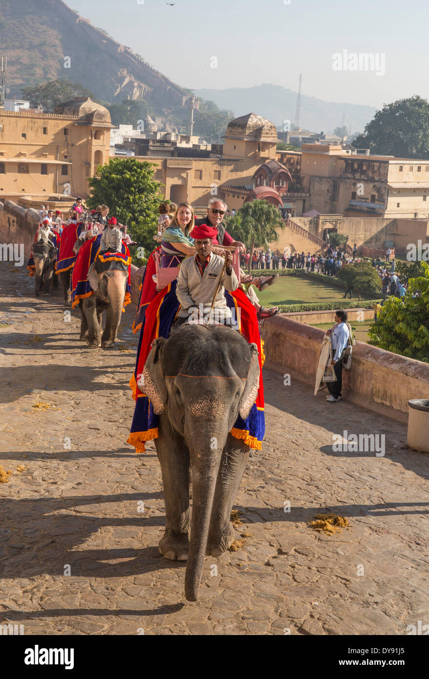Tourists, ride, fort, Amber, elephant, Asia, India, elephant, Rajasthan, Amber, Jaipur, Stock Photo