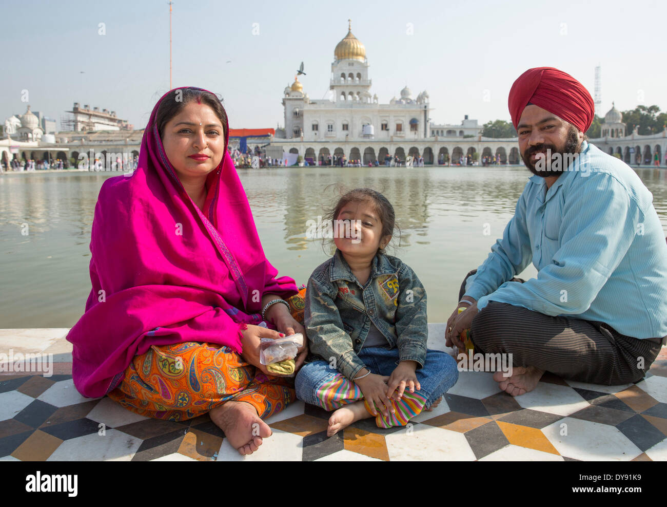 Sikh, Gurdwara Bangla Sahib Sikh, prayer house, Delhi, New Delhi, Asia, town, city, church, religion, family, Indian, Stock Photo