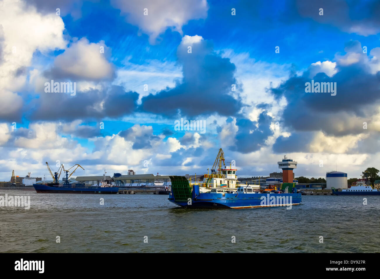 Passenger Ferry with cars in Curonian Gulf between Port in Klaipeda and Curonian spit. Lithuania Stock Photo