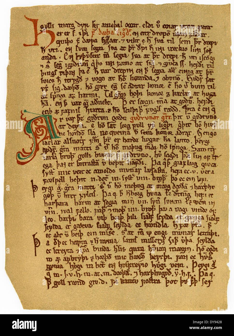 Facsimile of a page of the Cōdex Rēgius, an Icelandic manuscript of the Prose Edda, 14th century, Stock Photo