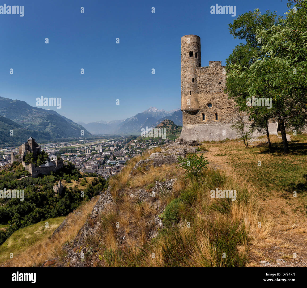 View, Chateau de Valere, castle, town, village, summer, mountains ...